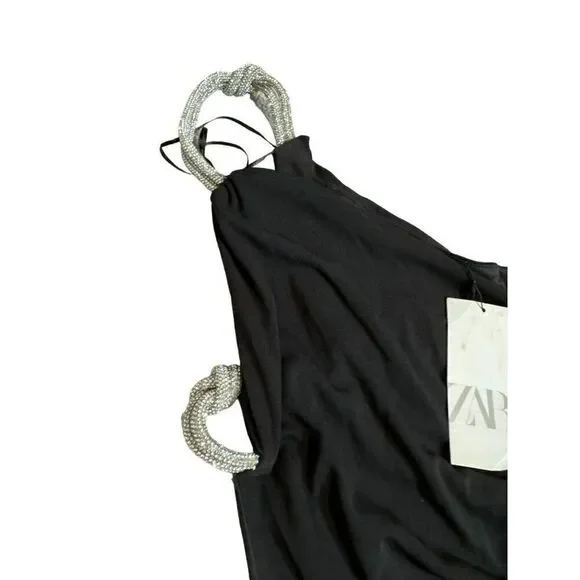 Zara Womens Mini Dress S Black Rhinestone shoulder Ruched Cut Out 7802/636 NWT - Picture 5 of 10